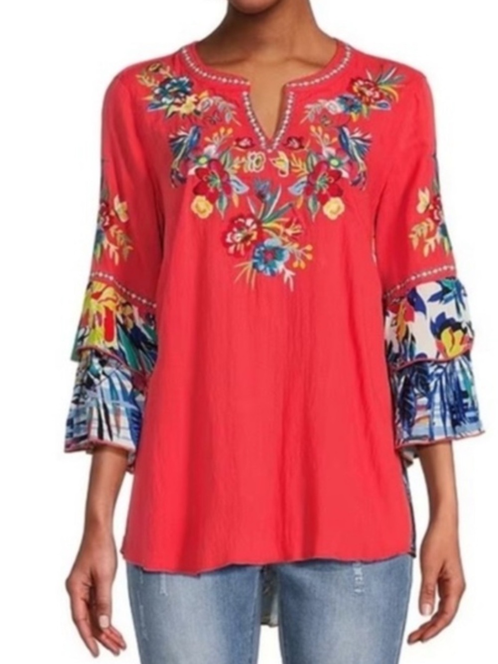 John Mark Coral Floral Hummingbird Embroidered Tiered Bell Sleeve Blouse size L